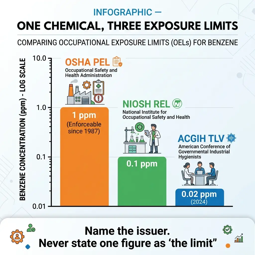 Logarithmic bar chart comparing three occupational exposure limits for benzene: OSHA PEL at 1 ppm, NIOSH REL at 0.1 ppm, and ACGIH TLV at 0.02 ppm, showing how different regulatory agencies set different safety standards for the same chemical.
