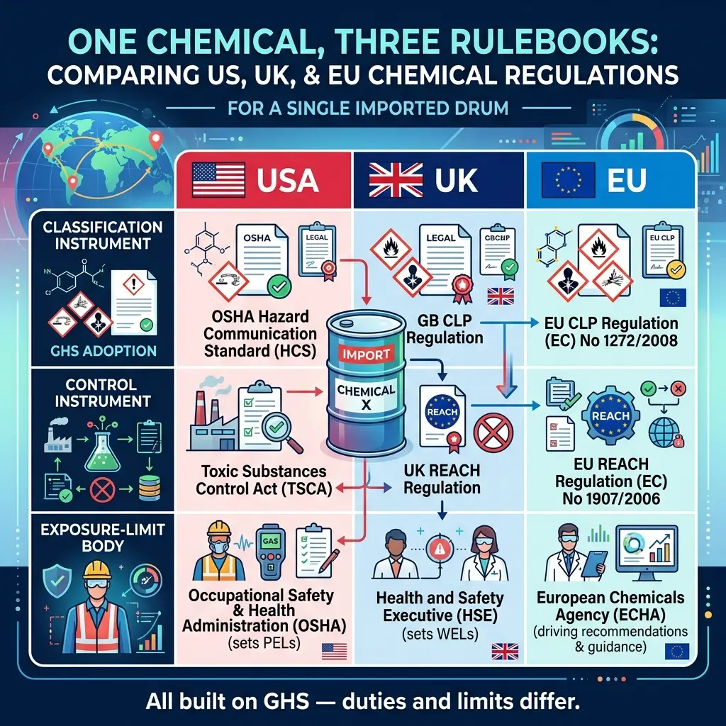 Infographic comparing chemical regulations across USA, UK, and EU for imported drums, showing classification systems, control instruments, and exposure limits under GHS standards.