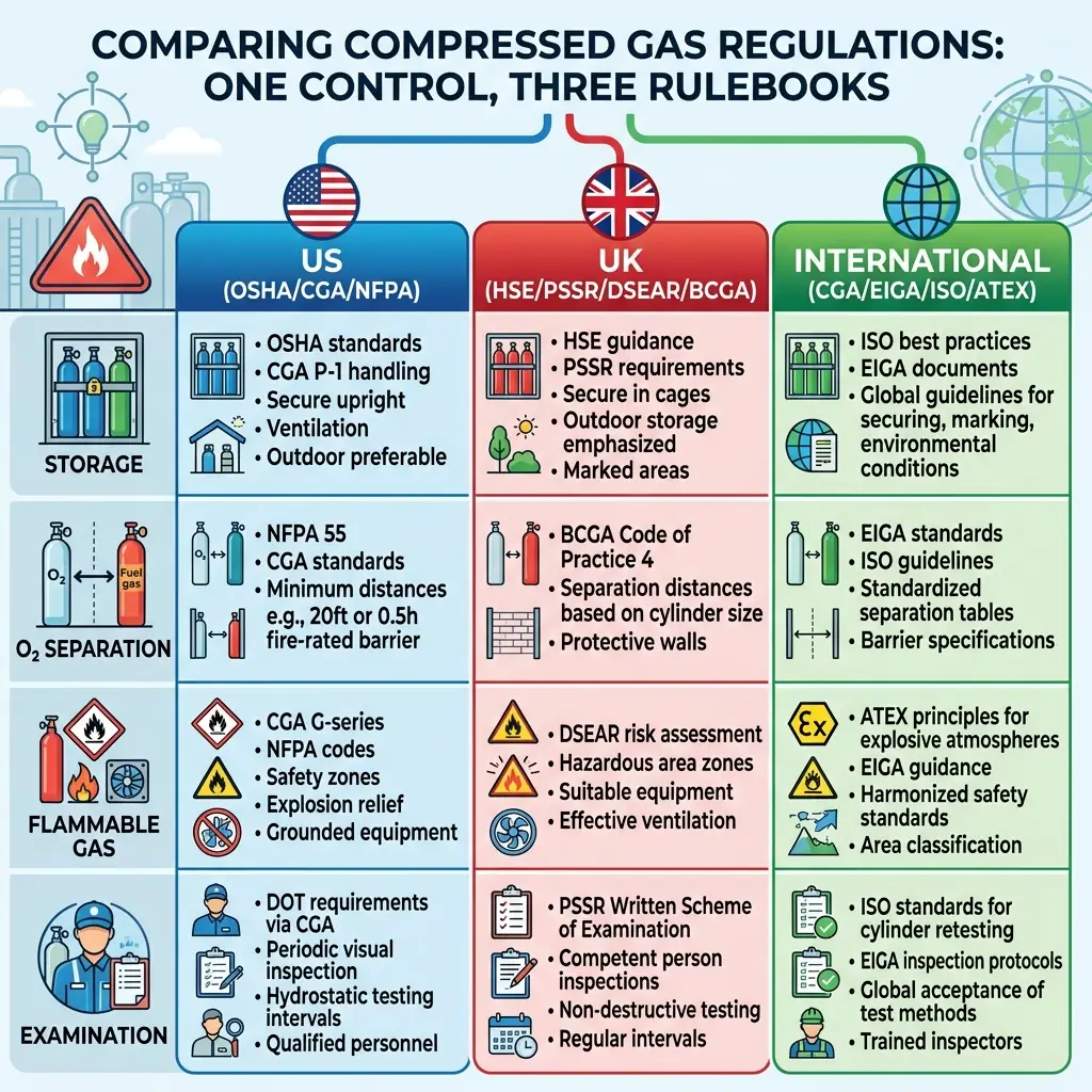 Comparison chart of compressed gas regulations across US, UK, and International standards, covering storage, separation, flammable gas, and examination requirements.