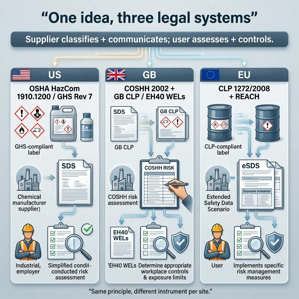 Comparison of chemical hazard communication systems across US OSHA, GB COSHH, and EU CLP regulations, showing supplier classification, user risk assessment, and workplace control implementation processes.