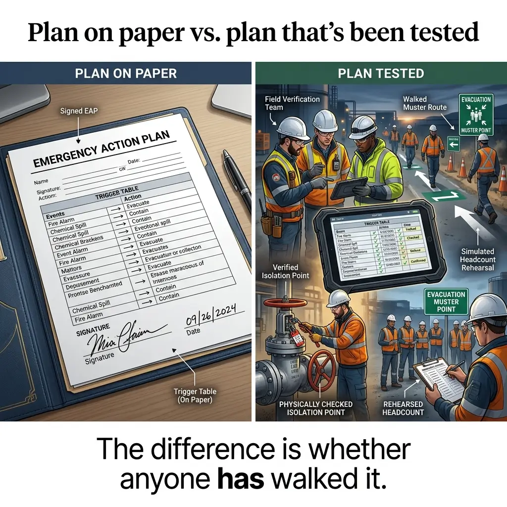 Comparison image showing an emergency action plan document on paper versus field-tested procedures with workers in safety gear conducting evacuation drills and verification exercises.