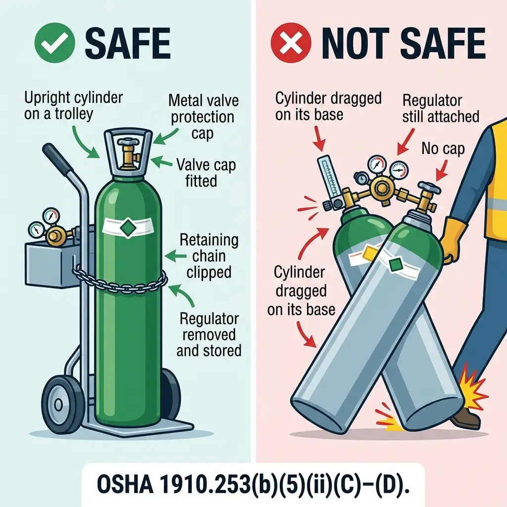 Comparison chart showing safe versus unsafe gas cylinder storage and handling practices, highlighting proper upright positioning with security chains and protective caps versus hazardous dragging and unsecured positioning.