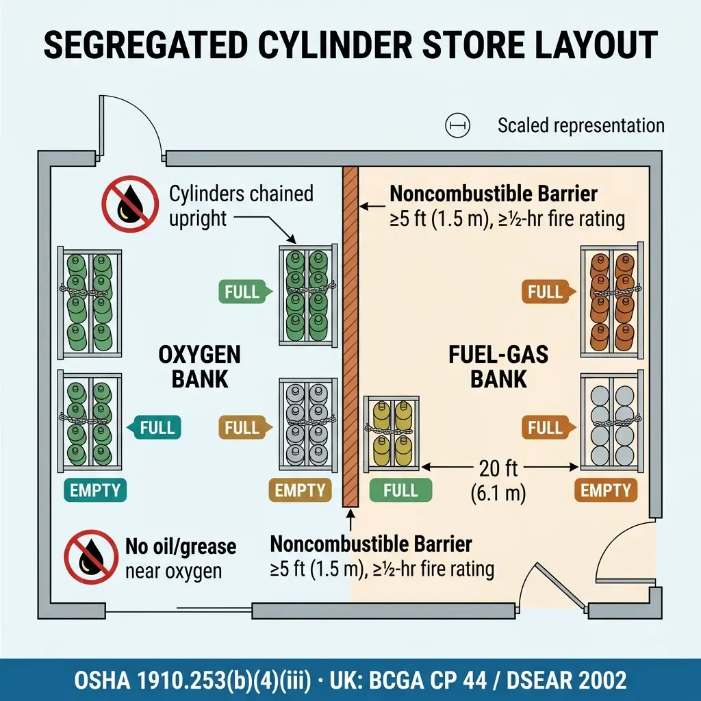 Diagram showing a segregated cylinder storage layout with oxygen cylinders on the left separated by a noncombustible barrier from fuel-gas cylinders on the right, all chained upright with safety requirements labeled.