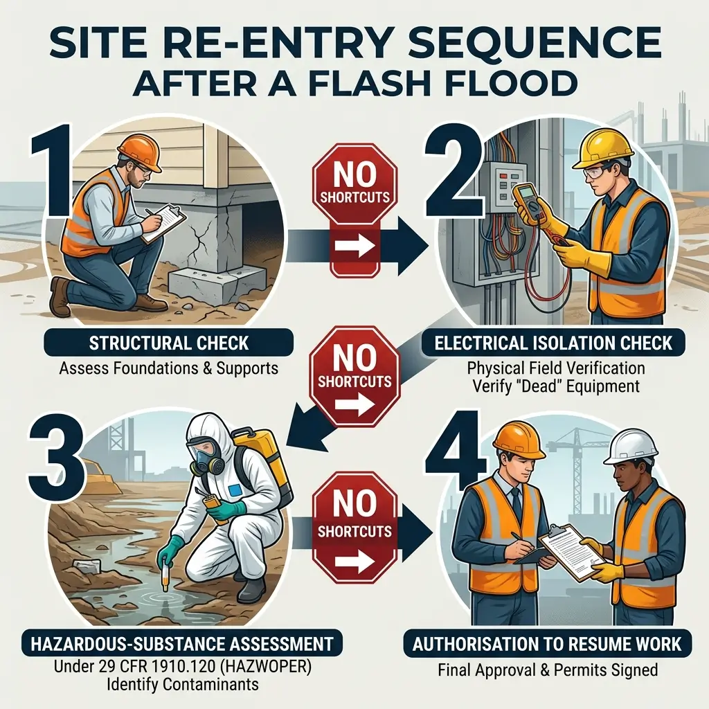 Four-step site re-entry sequence after a flash flood showing structural inspection, electrical safety checks, hazardous substance assessment, and work authorization approval with safety personnel.