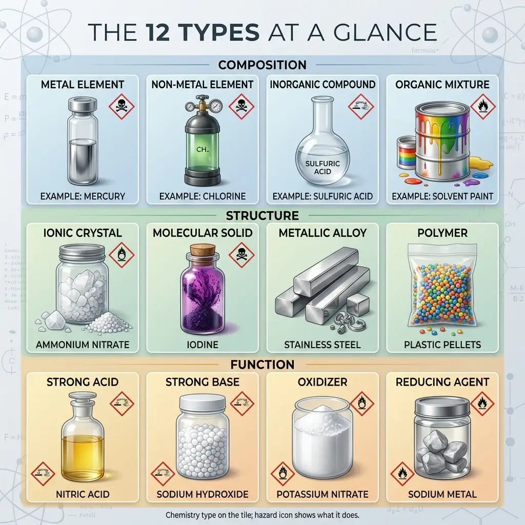 Infographic showing the 12 types of matter organized by composition, structure, and function, with examples and hazard symbols for each category including metals, elements, compounds, mixtures, crystals, solids, alloys, and polymers.