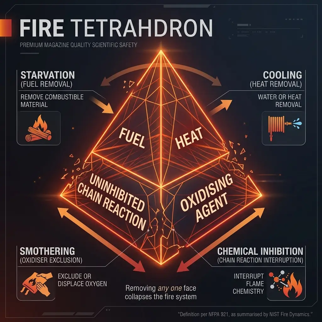 Infographic illustrating the Fire Tetrahedron, a glowing four-sided pyramid showing the four elements required for fire: fuel, heat, oxygen, and uninhibited chain reaction, with methods to extinguish each element labeled around the diagram.