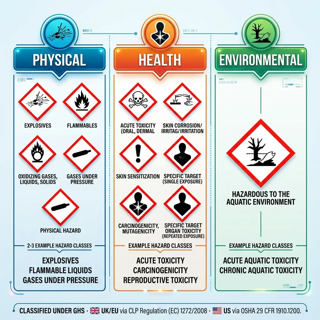 Infographic showing GHS hazard classification system with three categories—Physical, Health, and Environmental—each displaying hazard symbols, pictograms, and example hazard classes for chemical safety labeling.