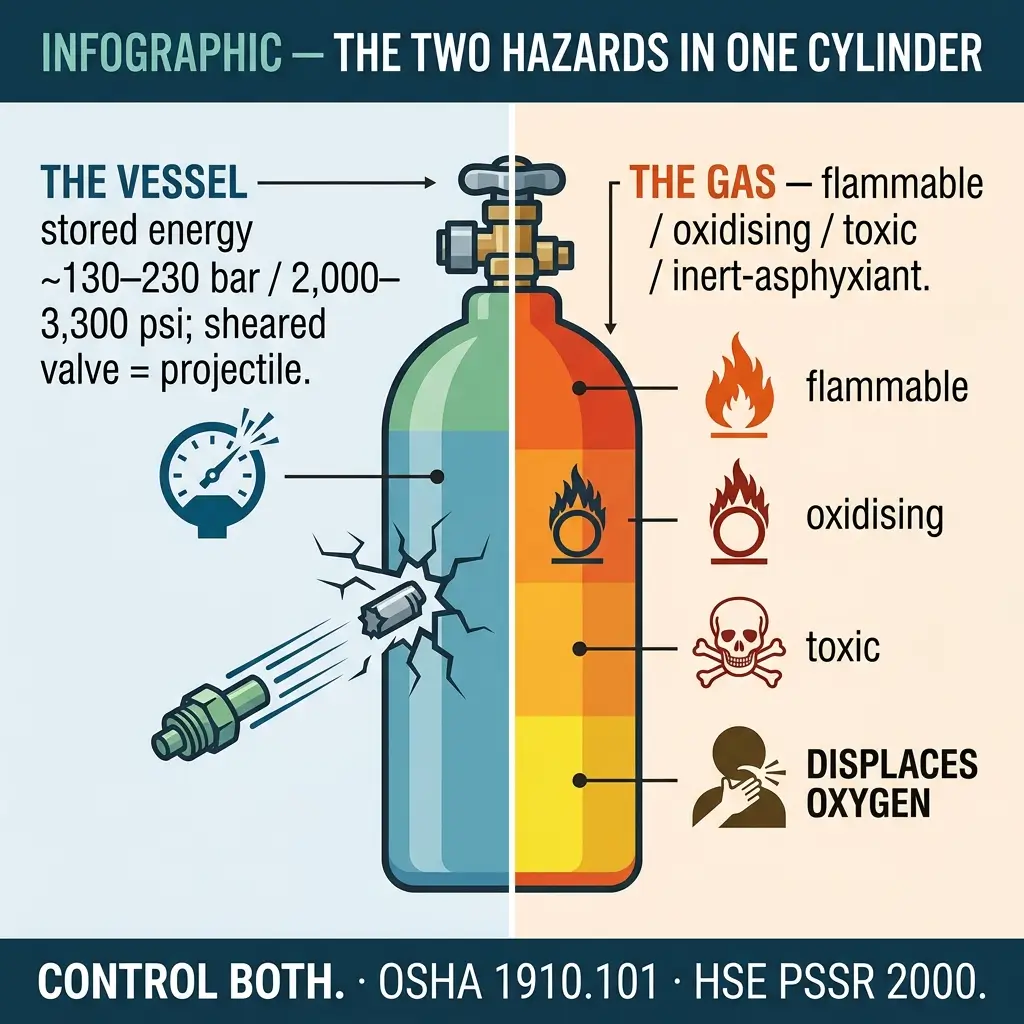 Infographic showing a pressurized gas cylinder with two hazards: the vessel stored at 130-230 bar creating projectile risk, and the gas contents that may be flammable, oxidising, toxic, or oxygen-displacing.