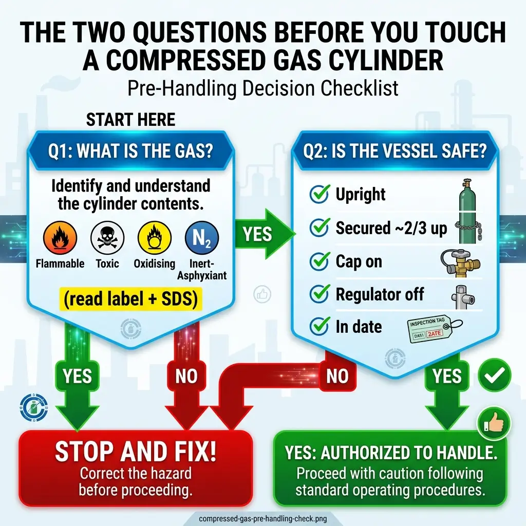 Flowchart showing a two-question safety checklist for handling compressed gas cylinders, with decision paths leading to either stop-and-fix warnings or authorization to proceed with caution.