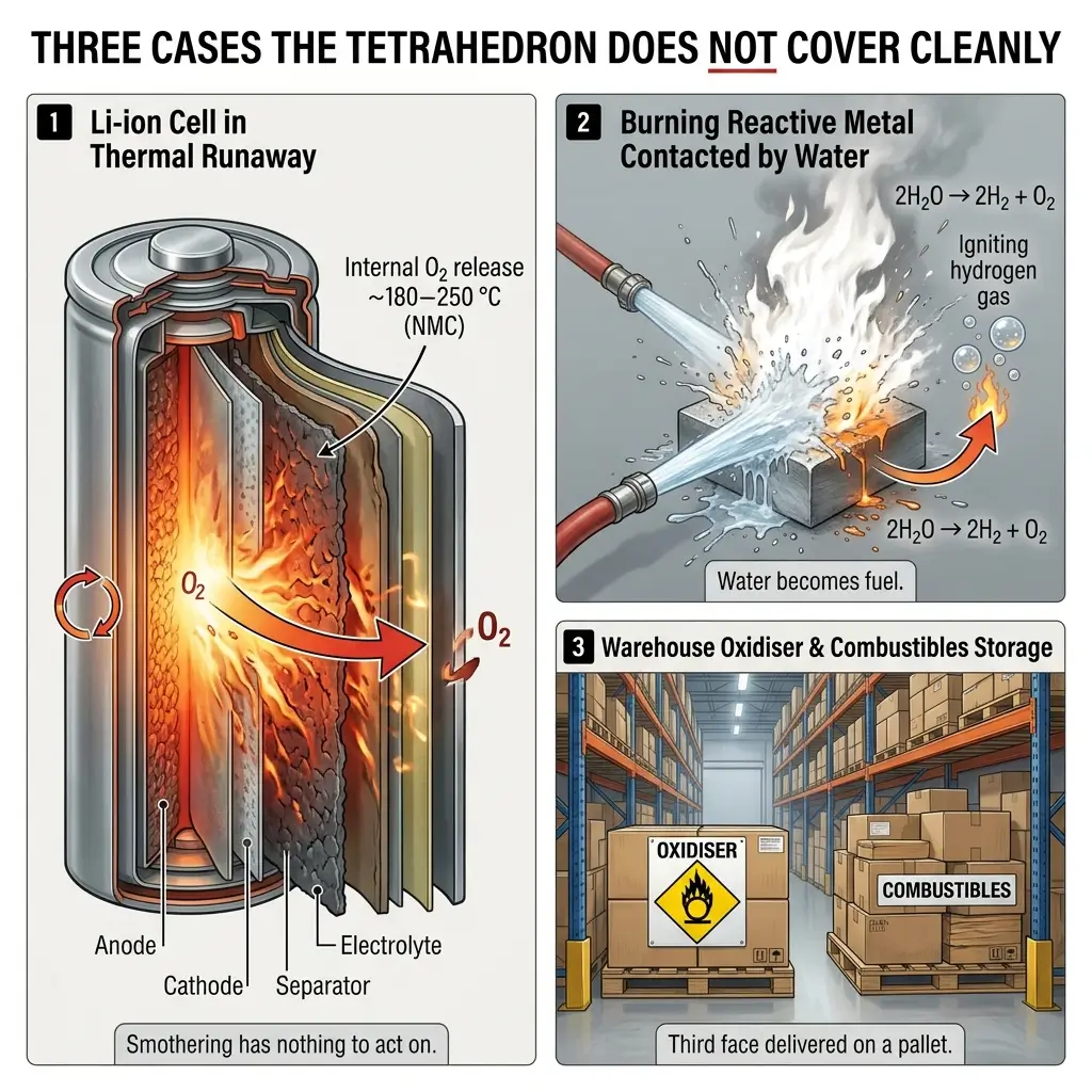 Three hazardous scenarios where tetrahedron fire safety model fails: lithium-ion thermal runaway releasing oxygen, reactive metals igniting when contacted by water, and oxidiser stored with combustibles in warehouse.