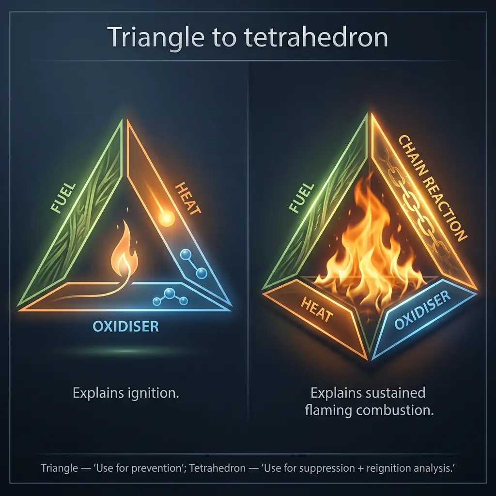 Diagram comparing the fire triangle and tetrahedron models, illustrating how the triangle explains ignition while the tetrahedron explains sustained combustion with fuel, heat, oxidizer, and chain reaction elements.