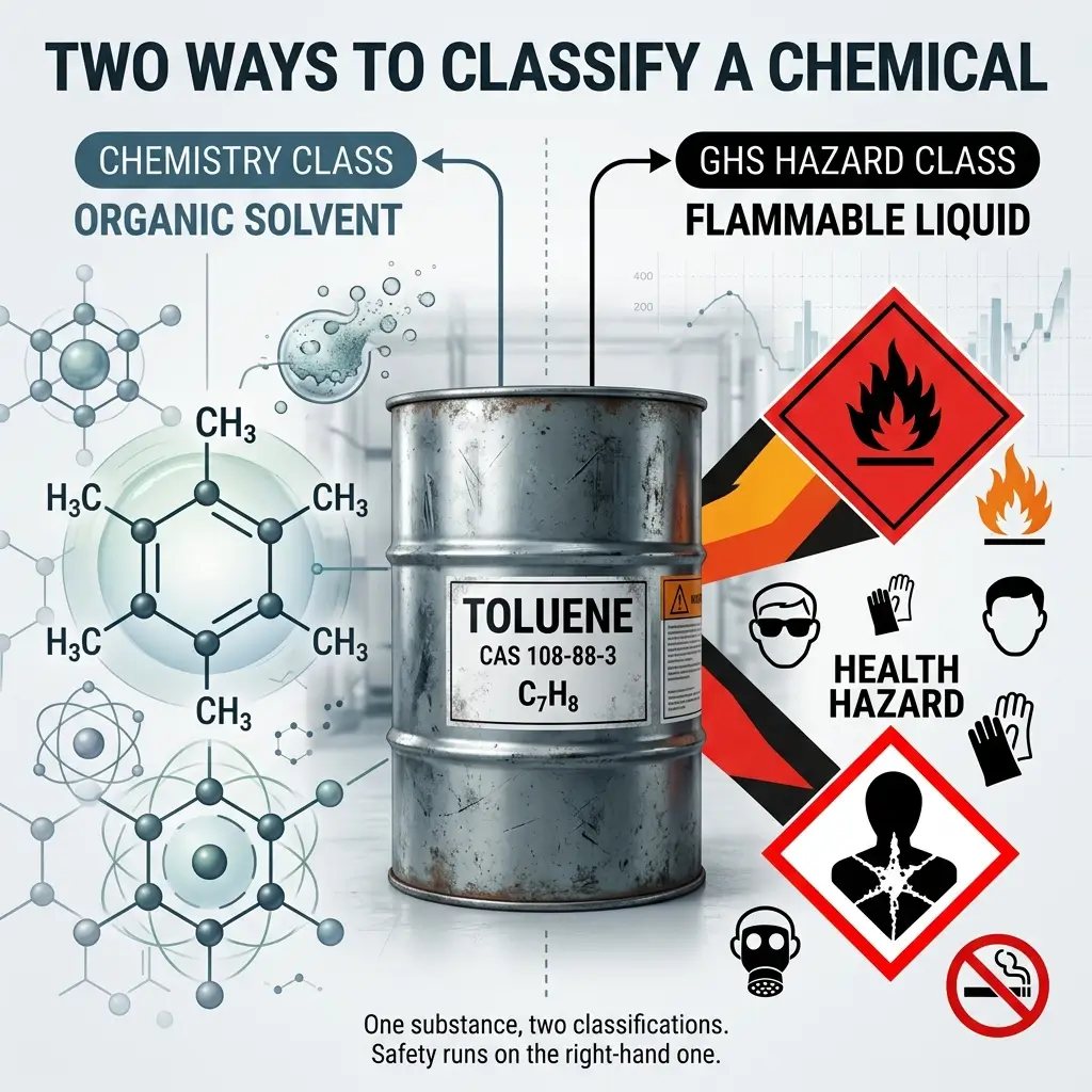 Infographic comparing two classification systems for toluene: chemistry class designation as organic solvent with molecular structures, and GHS hazard class as flammable liquid with warning symbols for health and safety risks.