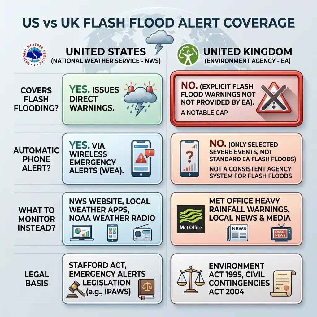 Comparison chart showing US National Weather Service issues direct flash flood warnings with automatic phone alerts, while UK Environment Agency does not provide explicit flash flood warnings, relying instead on Met Office rainfall warnings and local media.
