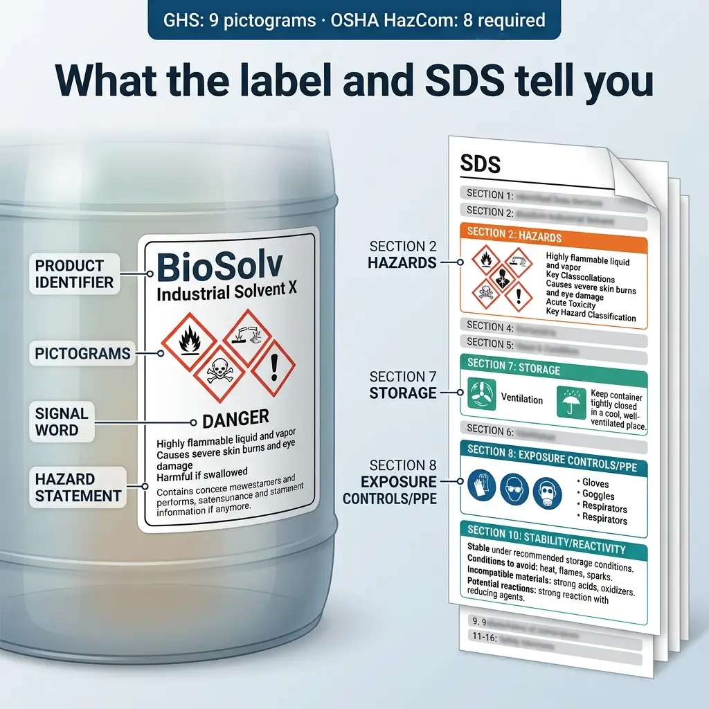 Chemical container labeled BioSolv Industrial Solvent X displaying GHS pictograms and hazard information alongside an open Safety Data Sheet showing sections on hazards, storage, and exposure controls.