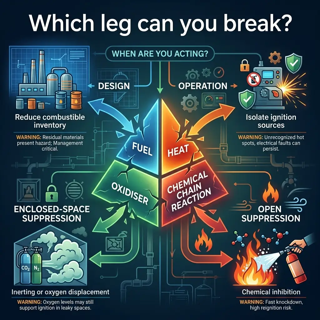 Industrial infographic showing the fire tetrahedron with design and operational strategies to break combustion cycles through fuel reduction, oxidiser removal, heat isolation, and chemical inhibition.