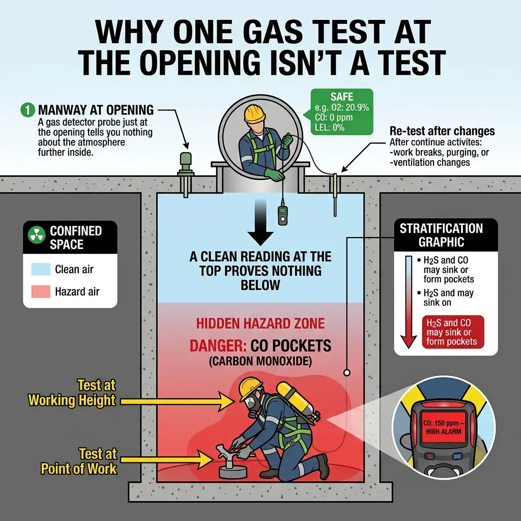 Infographic explaining why a single gas test at a confined space opening is insufficient, showing how carbon monoxide pockets can hide below clean air readings at the surface.