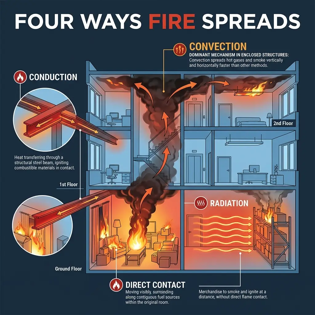 Infographic showing four mechanisms of fire spread in buildings: conduction through structural beams, convection moving smoke and heat vertically, radiation heating objects at distance, and direct contact igniting nearby combustible materials.