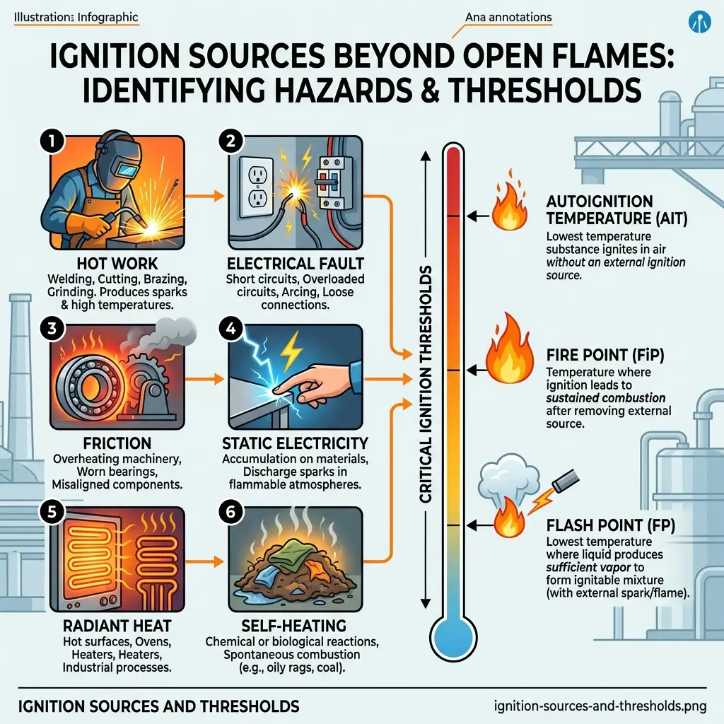 Infographic illustrating six ignition sources including hot work, electrical faults, friction, static electricity, radiant heat, and self-heating, with a temperature threshold scale showing autoignition temperature, fire point, and flash point definitions.