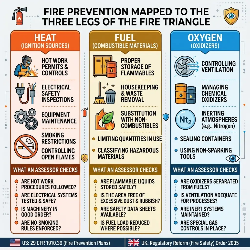 Infographic showing fire prevention strategies mapped to the fire triangle's three elements: heat control through hot work permits and electrical safety, fuel management via proper storage and housekeeping, and oxygen reduction through ventilation and inert systems, with assessor checkpoints for each.
