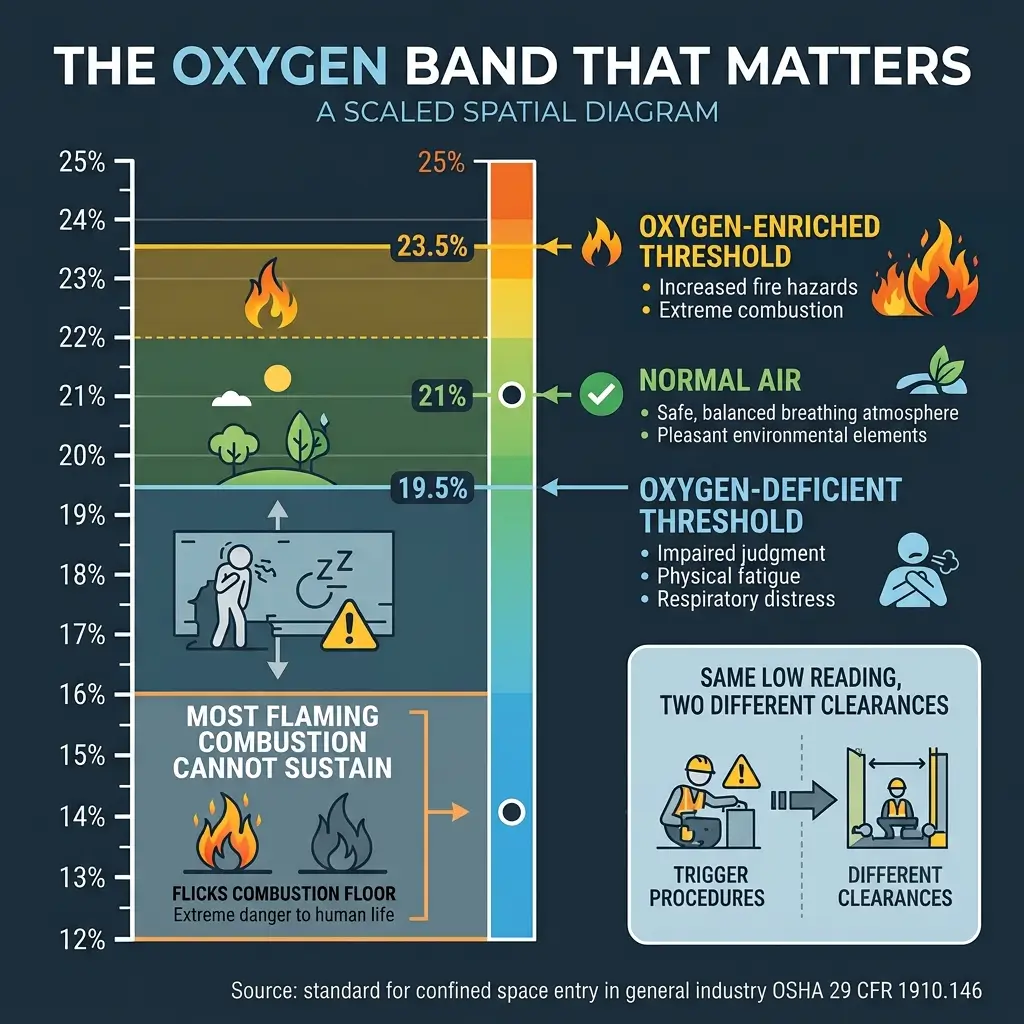 Scaled spatial diagram showing oxygen concentration bands from 12% to 25%, highlighting safe normal air at 21%, oxygen-deficient threshold at 19.5%, and oxygen-enriched fire hazard threshold at 23.5%, with icons illustrating effects and OSHA safety standards.