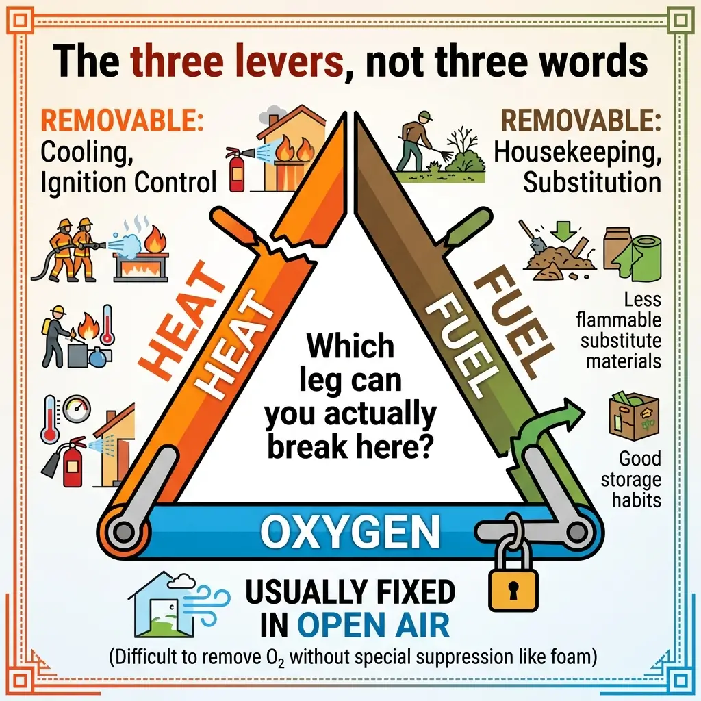 Fire triangle diagram showing the three essential elements of fire—heat, fuel, and oxygen—with removable factors for each leg and information about which element can realistically be eliminated to prevent or extinguish fires.
