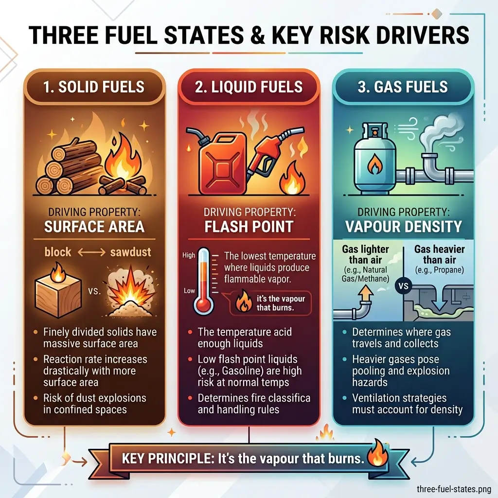 Infographic explaining three fuel states—solid, liquid, and gas—with their driving properties, risk factors, and key principles for fire safety and combustion hazards.