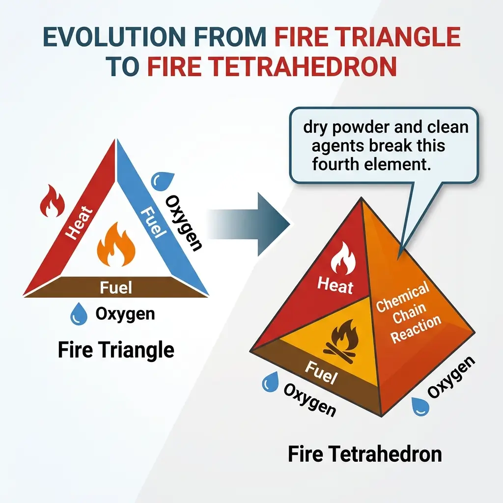 Diagram showing the evolution from the fire triangle with heat, fuel, and oxygen to the fire tetrahedron which adds chemical chain reaction, with a note that dry powder and clean agents break the fourth element.