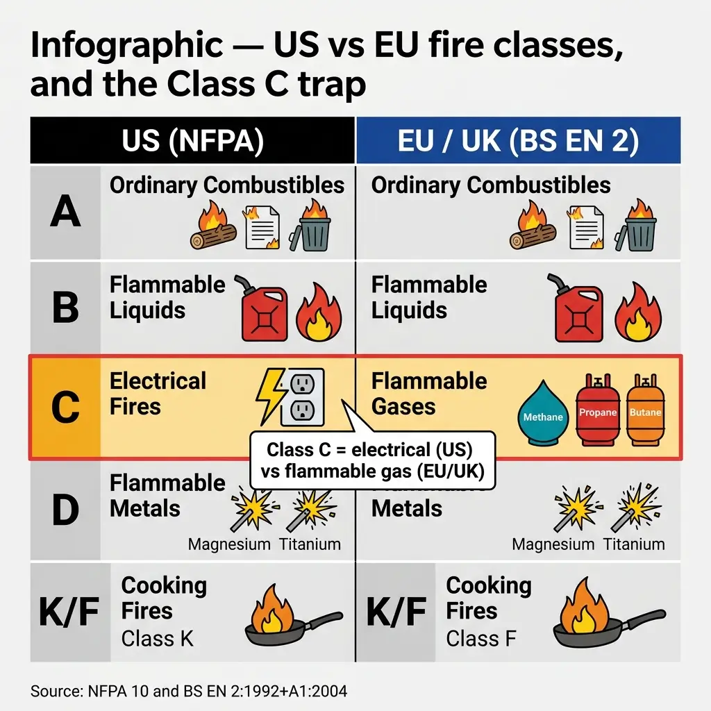 Comparison chart of US NFPA and EU/UK BS EN 2 fire classification systems, showing Classes A through D, K/F cooking fires, and highlighting the Class C difference between electrical fires in the US versus flammable gases in Europe.